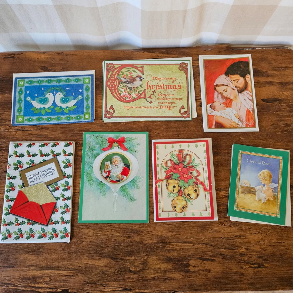Vtg 70s 80s Christmas Greeting Cards Lot 7 Assorted Religious Santa Birds Unused
